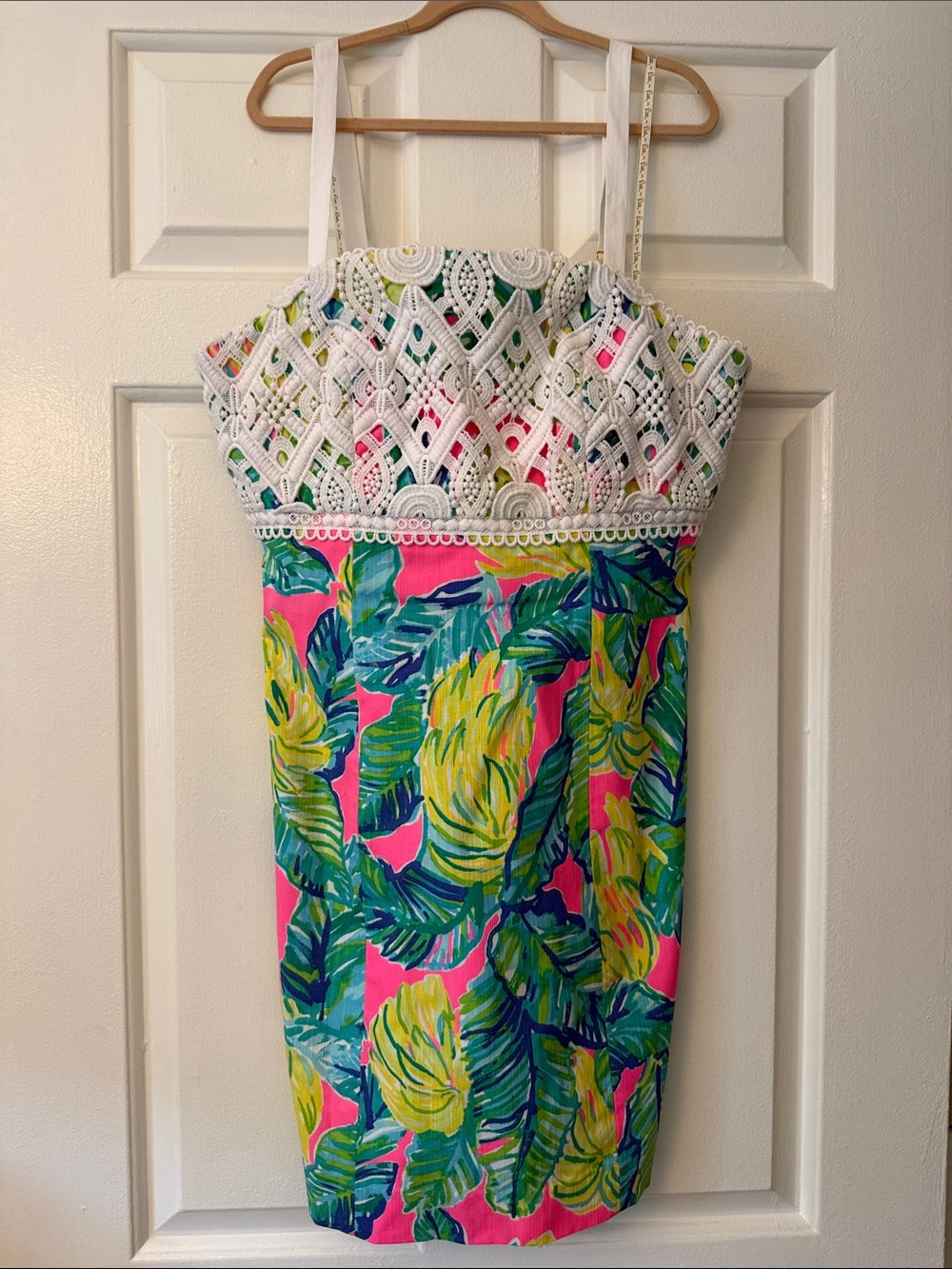 Lilly Pulitzer White Crochet & Pink Tropical Leaf Sundress